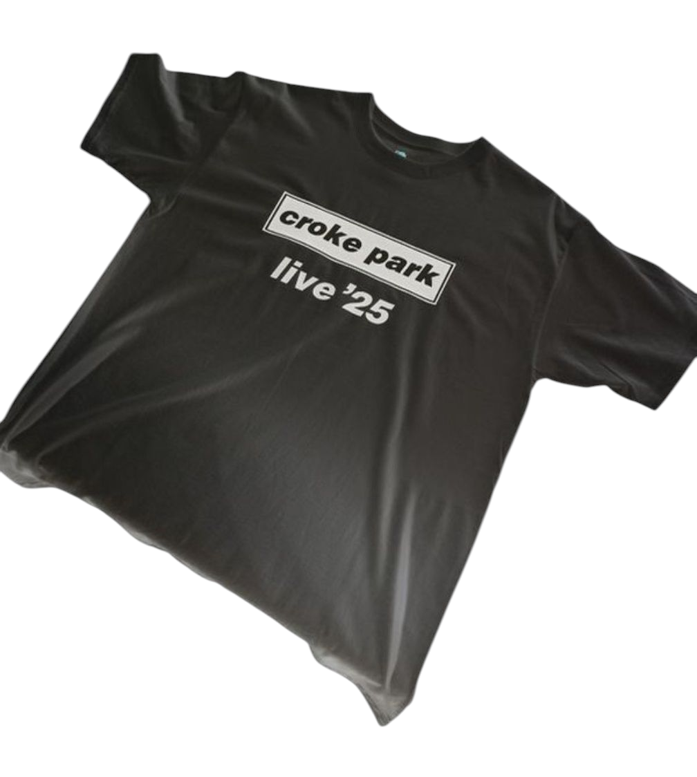 Black Oasis inspired Croke Park live 25 T-shirt with white text design on front