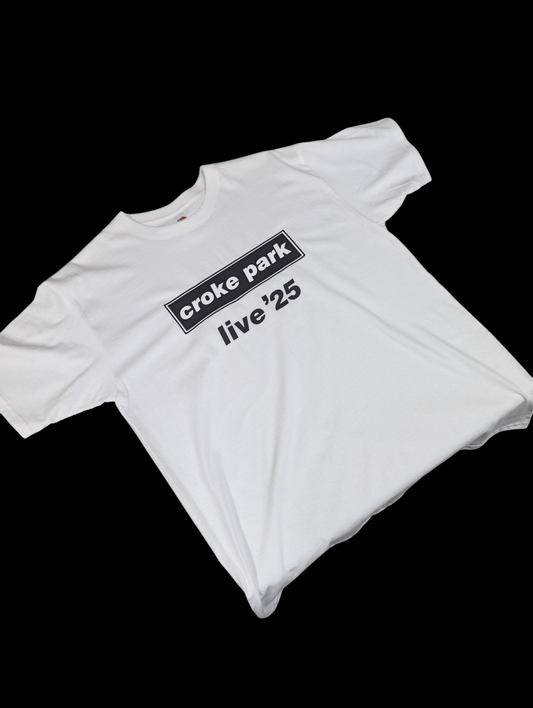 White Oasis inspired Croke Park live 25 T-shirt with black text graphic on front by LME Graphics