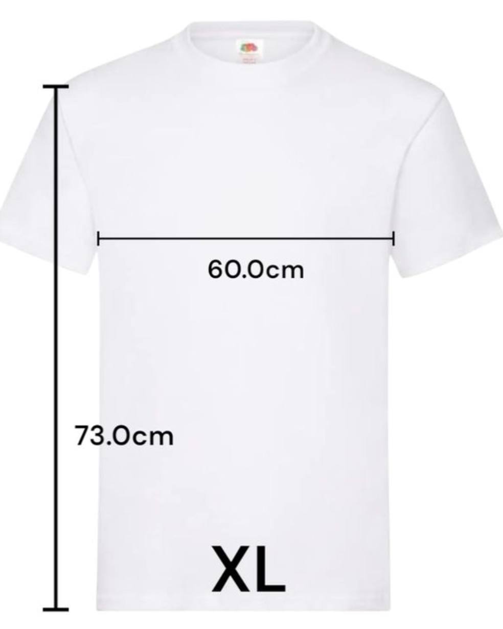White XL Oasis inspired rkid reunion t-shirt with front and length measurements shown