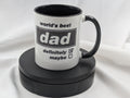 White mug with black interior and handle, featuring text on a white background