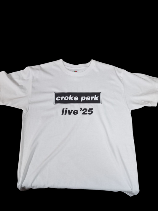 White Oasis inspired Croke Park live 25 T-shirt with black text design on front