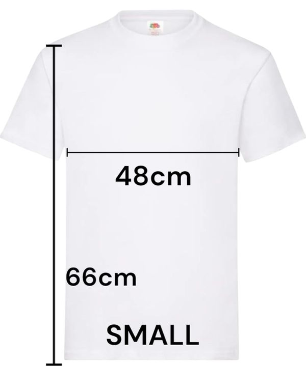 White small t-shirt with measurements labeled 48cm width and 66cm length for Oasis inspired rkid reunion t-shirt