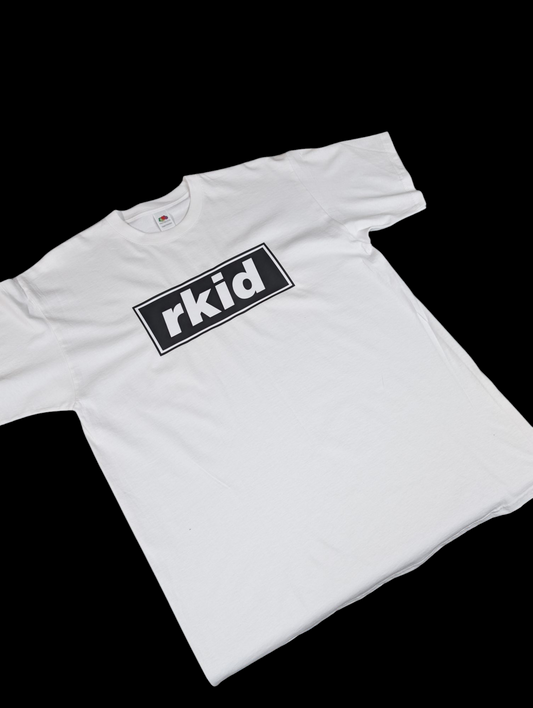 White Oasis inspired rkid reunion t-shirt with black rkid logo printed on front